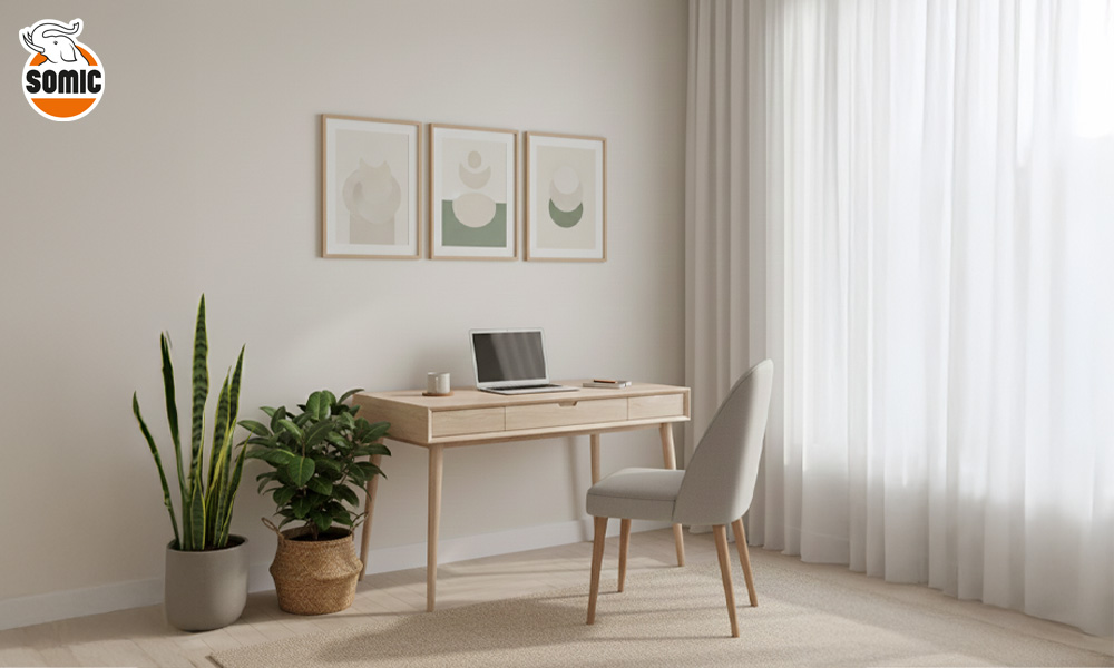 มุมทำงานมินิมอลด้วยสี Cloud Dancer ช่วยสร้างสมาธิและลดความเหนื่อยล้าทางสายตา