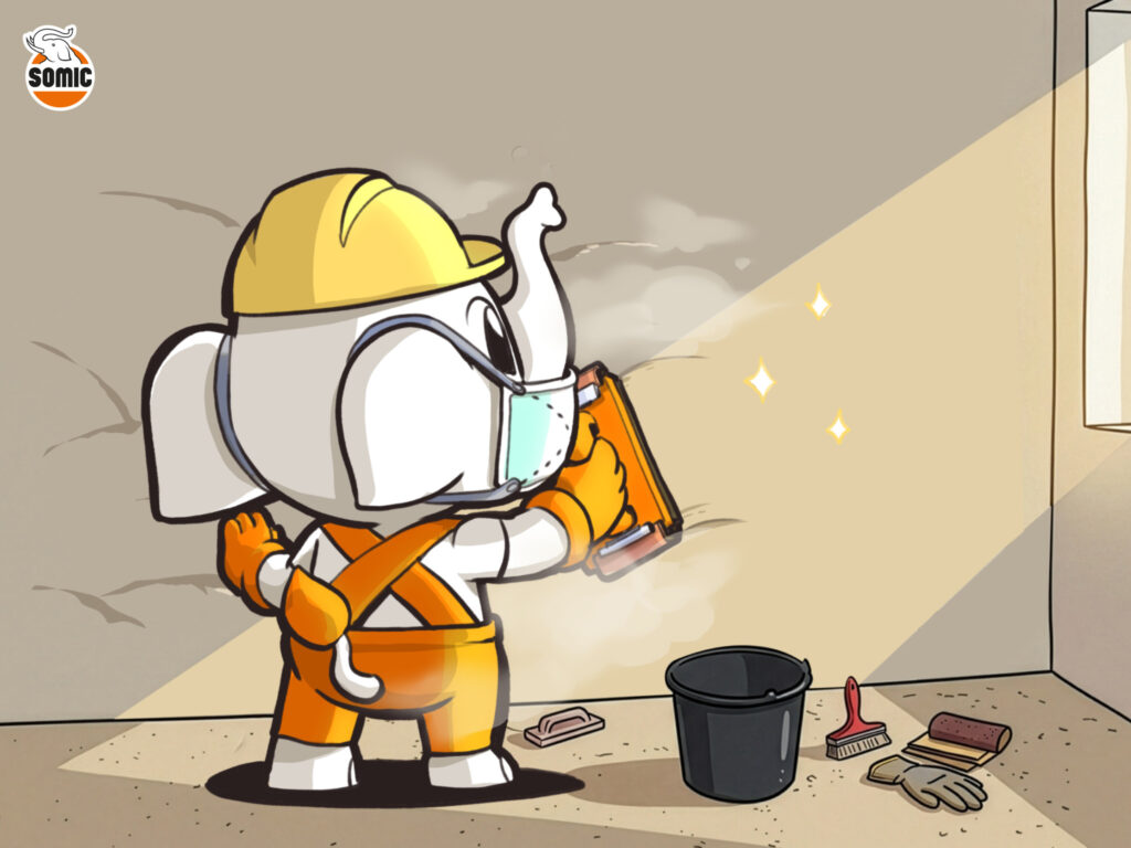 ใช้กระดาษทรายขัดผิวผนังสกิมให้เนียนกริบพร้อมสำหรับการทาสี