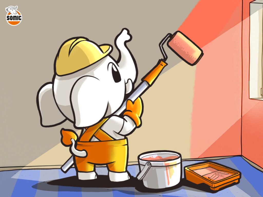 ใช้ลูกกลิ้ง Smooth โซมิค ทาสีบนผนังสกิมโค้ทเพื่อให้ผิวสีเรียบเนียนไร้รอยผิวส้ม